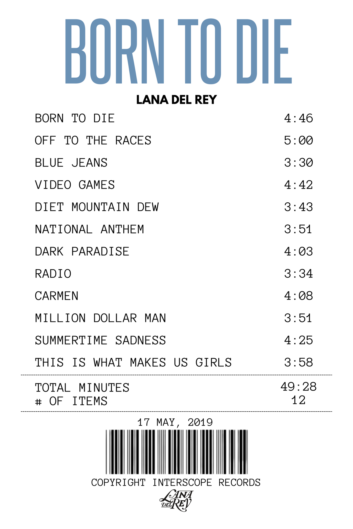 Alfombra Boleta Musical - Album "Born to Die" - Lana Del Rey