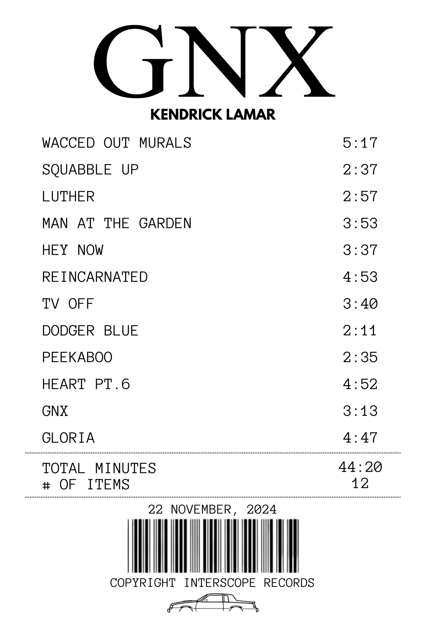 Alfombra Boleta Musical - Album "GNX" - Kendrick Lamar